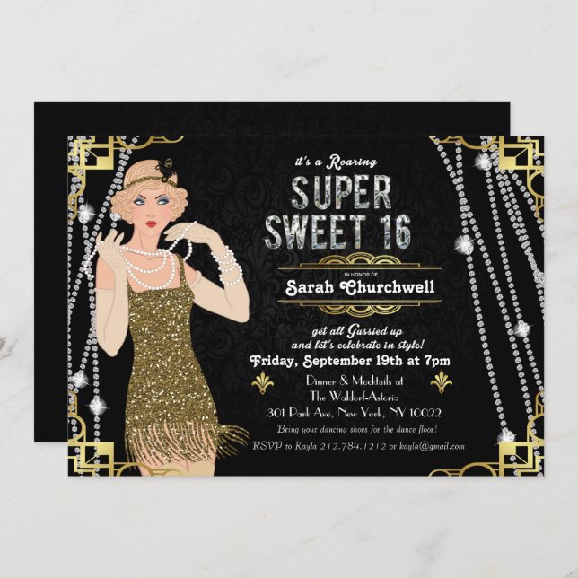 Convite Excelente Gatsby Flapper Sweet 16 Aniversário (Frente/Verso)
