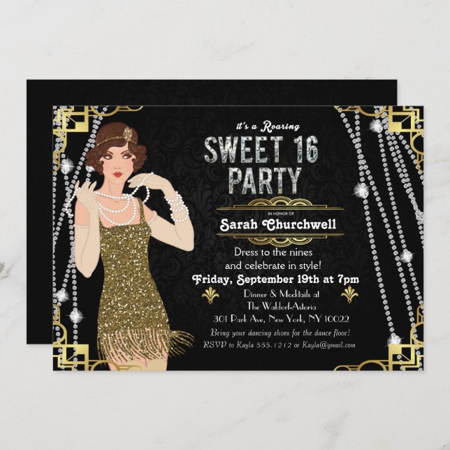 Convite Excelente Gatsby Flapper Sweet 16 Aniversário (Frente/Verso)