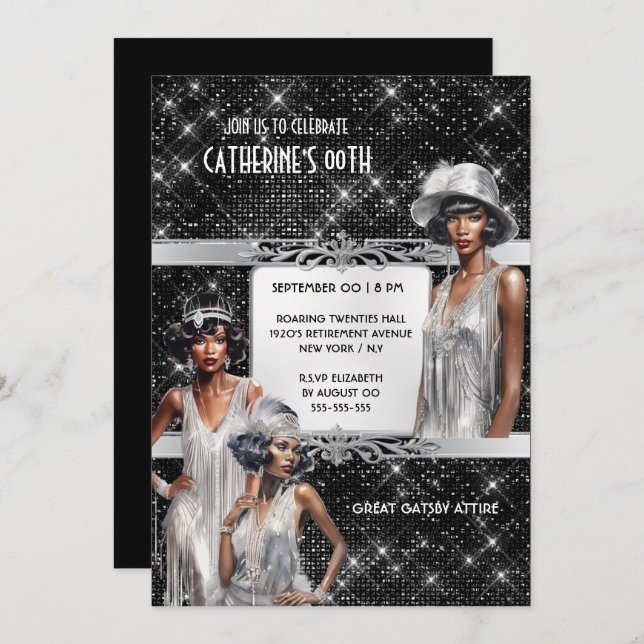 Convite Excelente Gatsby glam Meninas Flaper preto-pratead (Frente/Verso)