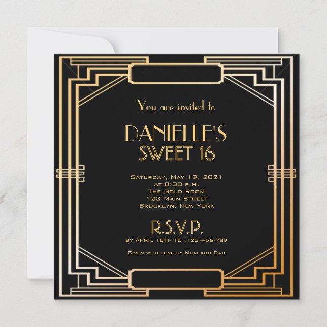 Convite Excelente Gatsby Inspirou Art Deco Sweet 16 Convit (Frente)