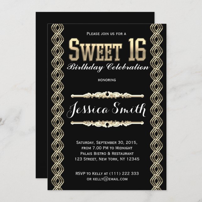 Convite Excelente Glamorous Gratsby Sweet 16 Convida (Frente/Verso)