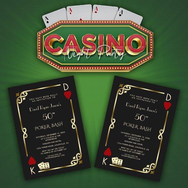Convite Excelente Noturno de Las Vegas Casino Gatsby Man B (elegantArt Deco birthday party invitation, trendy casino poker bash invitation, gold black invite)