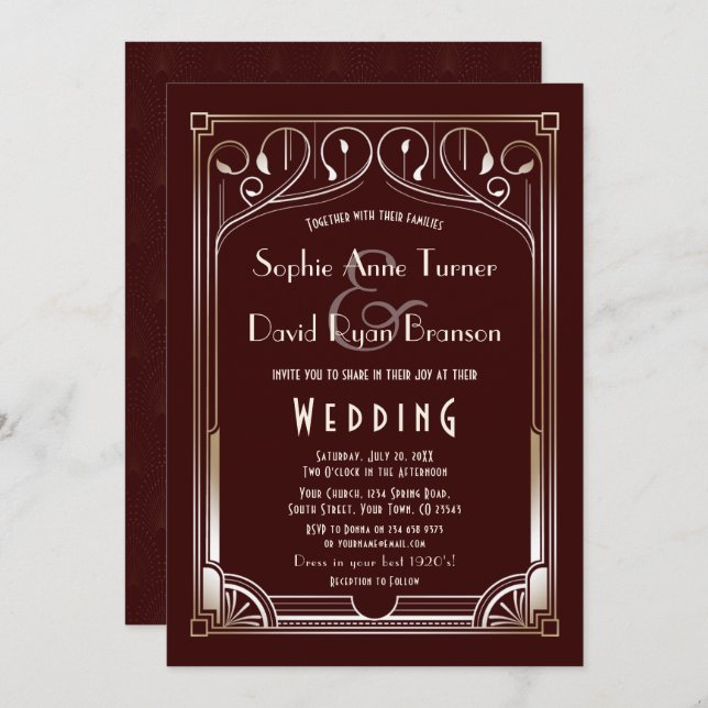 Convite Excelente Real Burgundy Gatsby Dourado Art Deco Ca (Frente/Verso)