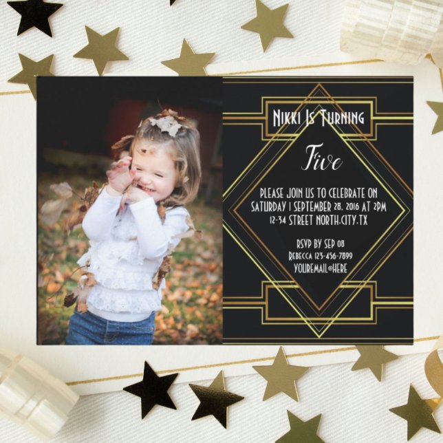 Convite excelentes pretos e dourados, por Festa de anivers (black and gold great gatsby photo Birthday party Invitation)
