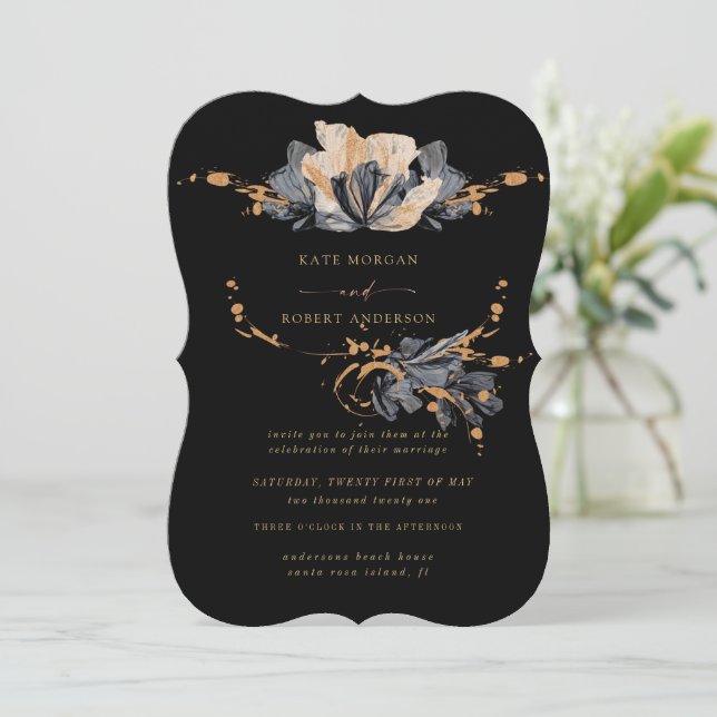 Convite Exclusivo Para Casamento Floral Dourado E  (Em pé/Frente)