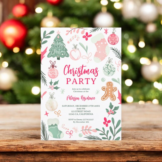Convite Exemplos de festas de natal, rosa branco e branco (Cute Whimsical Pink Christmas party illustrations Invitation)
