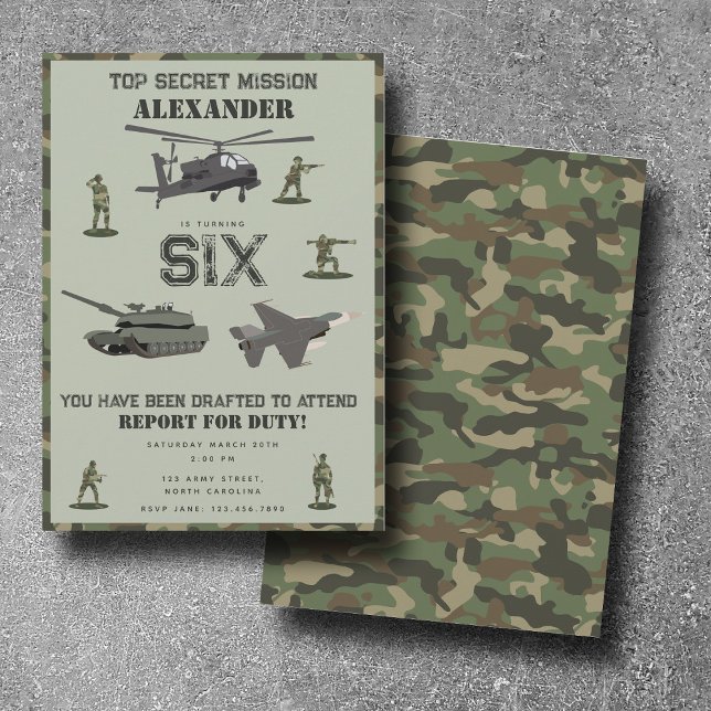 Convite Exército Militar Camuflagem Verde Camo Aniversário (Army Military Camouflage Green Camo Birthday Invitation)