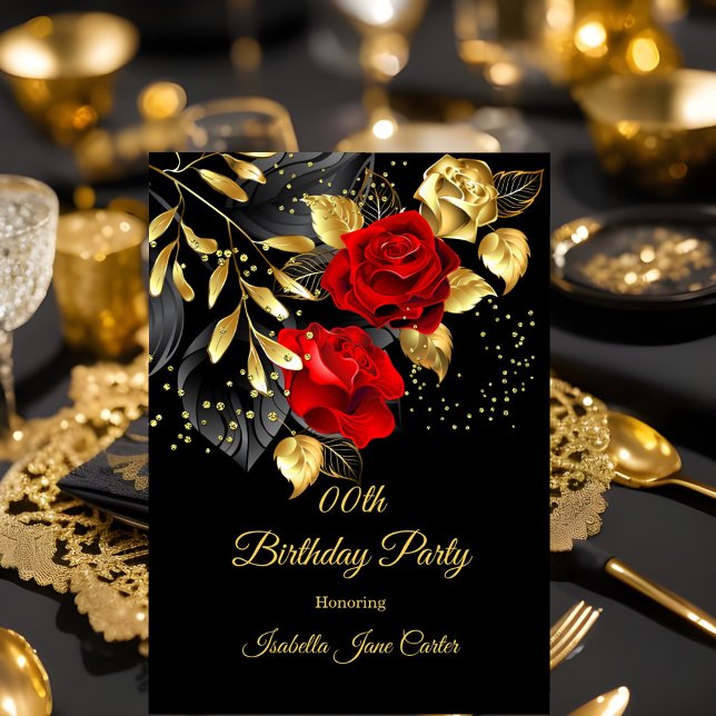 Convite Exotic Red Rose Black Floral Gold Birthday Party (Criador carregado)