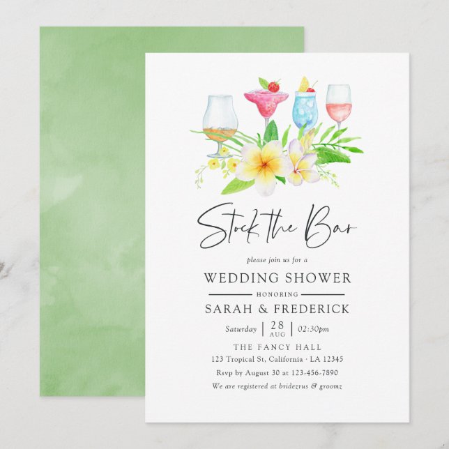 Convite Exótica Aquarela Tropical Estoque Floral no Bar (Frente/Verso)