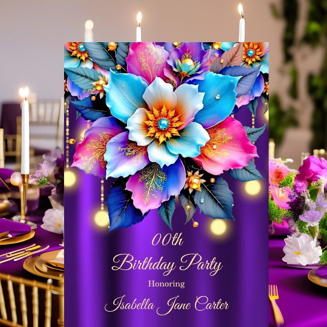 Convite Exóticas Flores Roxas Aniversário Verde-azulado Ro (Criador carregado)