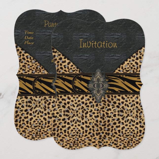 Convite Exótico Dourado Preto Couro Animal Multi (Frente/Verso)