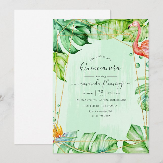Convite Exótico Flamingo Tropical Geométrico Quinceañera (Frente/Verso)