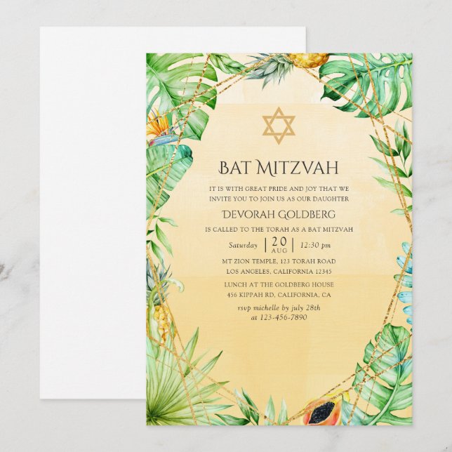 Convite Exótico Geométrico Tropical Bar Mitzvah (Frente/Verso)