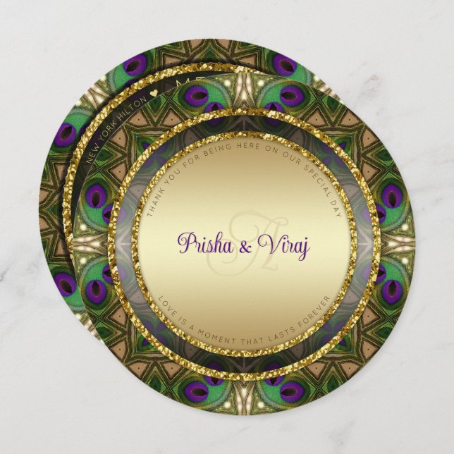 Convite Exótico para Casamento Indiano de Penas de (Frente/Verso)