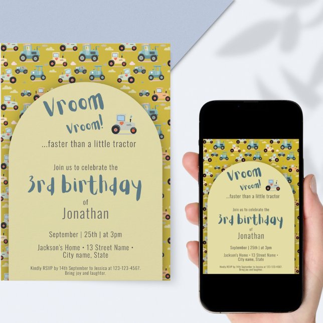 Convite Explorador de Trator Cinto aniversário de 3 anos a (Criador carregado)