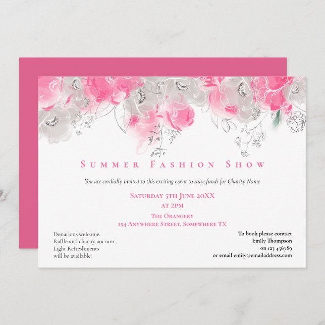 Convite Exposição de Moda de Verão Florestas Cinzas Rosa (Frente/Verso)