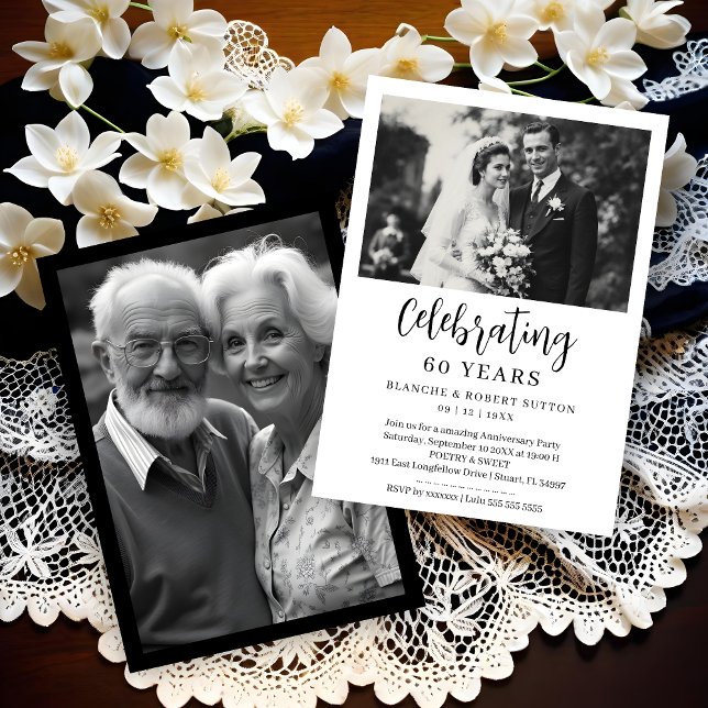 Convite Exquisite Black White Elegant Wedding Anniversarie (Exquisite Black & White Elegant Wedding Anniversarie 2 Photos Invitations Cards.)