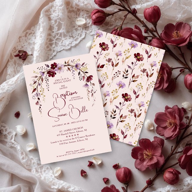 Convite Exquisite Blooming Burgundy Arch Baptism (Exquisite Floral Burgundy Arch Baptism Invitation Design with Floral Pattern Back.)