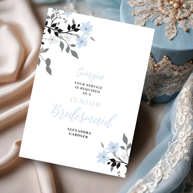 Convite Exquisite Blue Floral Bunch Wedding Jr Bridesmaid (Exquisite Sophisticated Blue Floral Bunch Wedding Junior Bridesmaid Proposal Card.)