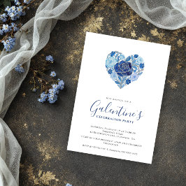 Convite Exquisite Blue Floral Heart Galentine's Day Party 