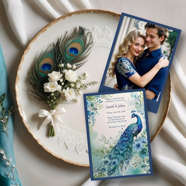 Convite Exquisite Blue & Green Peacock Watercolor Photo  (Exquisite Blue & Green Peacock Watercolor Effect On Floral Garden Photo Wedding Invitations Cards.)