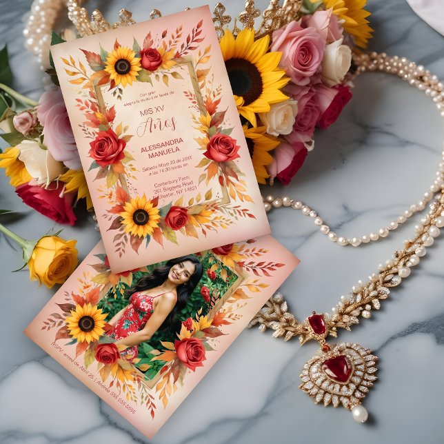 Convite Exquisite Botanical Floral Frame Spanish Photo XVs (Exquisite Botanical Floral Frame Spanish Photo Mis XV Invitations Cards.)