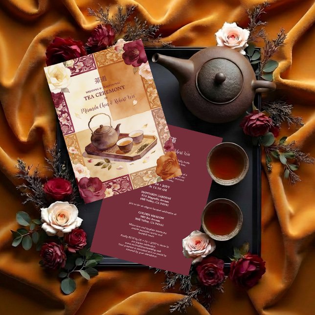 Convite Exquisite Burgundy Oriental Tea Ceremony Wedding (Exquisite Burgundy Traditional Floral Chinese Tea Ceremony and Wedding Invitation Design.)