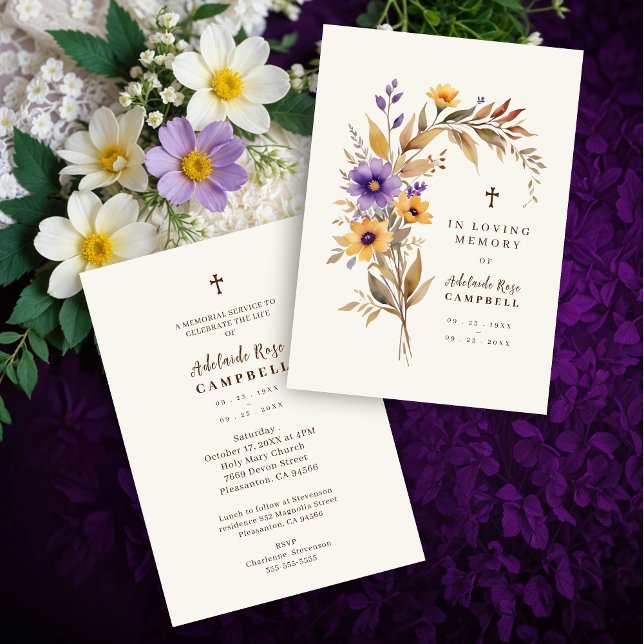 Convite Exquisite Cherish Purple & Yellow Floral Bouquet  (Exquisite Cherish Purple & Yellow Floral Bouquet Funeral Dear Ones Invitations Cards.)