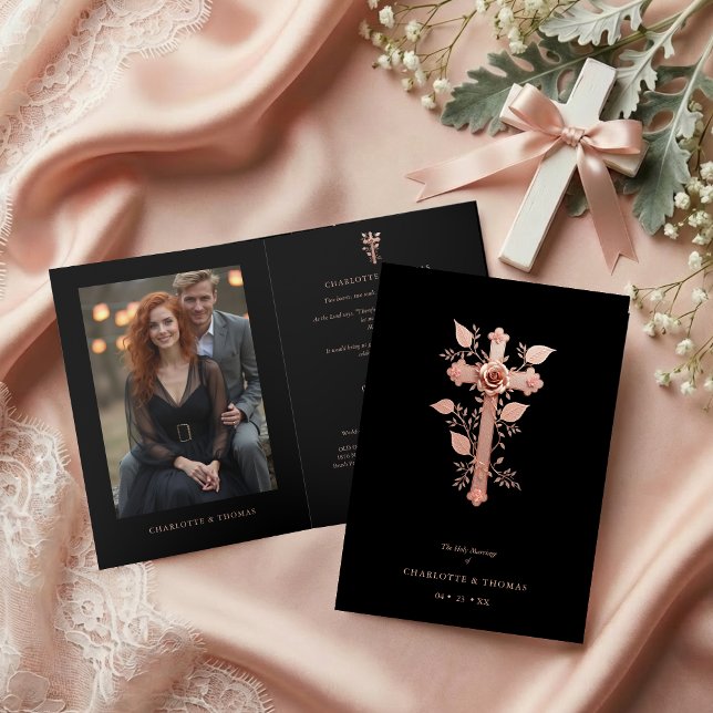 Convite Exquisite Christian Rose Gold Cross Holy Marriage  (Exquisite Christian Rose Gold Effect Cross Holy Marriage Folder Invitation Cards with Photo. )