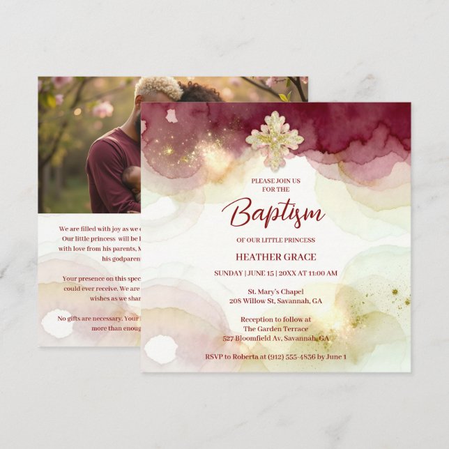 Convite Exquisite Cross Burgundy & Gold Glitter Baptism (Frente/Verso)