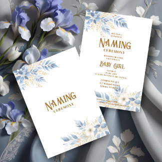 Convite Exquisite Floral Branches in Blue Naming Ceremony