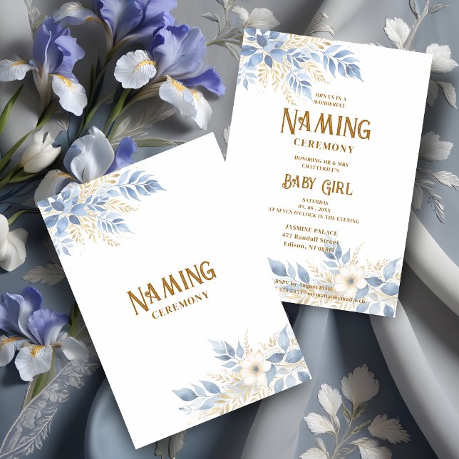 Convite Exquisite Floral Branches in Blue Naming Ceremony (Exquisite Floral Branches in Blue and Faux Gold Shades Background Naming Ceremony Invitation Card.)