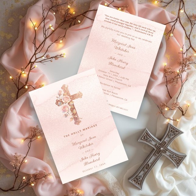 Convite Exquisite Glitter Pink Floral Christian Cross (Exquisite Glitter Pastel Pink Floral Christian Cross Wedding Invitation Cards.)