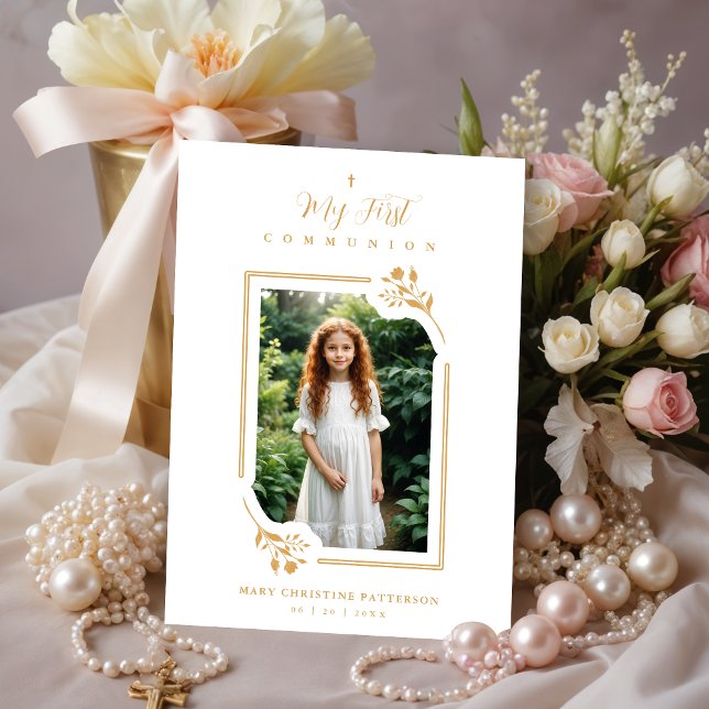 Convite Exquisite Gold Botanical Frame First Communion (Exquisite Romantic Faux Gold Floral Botanical Frame with Photo My First Communion Invitations Cards.)