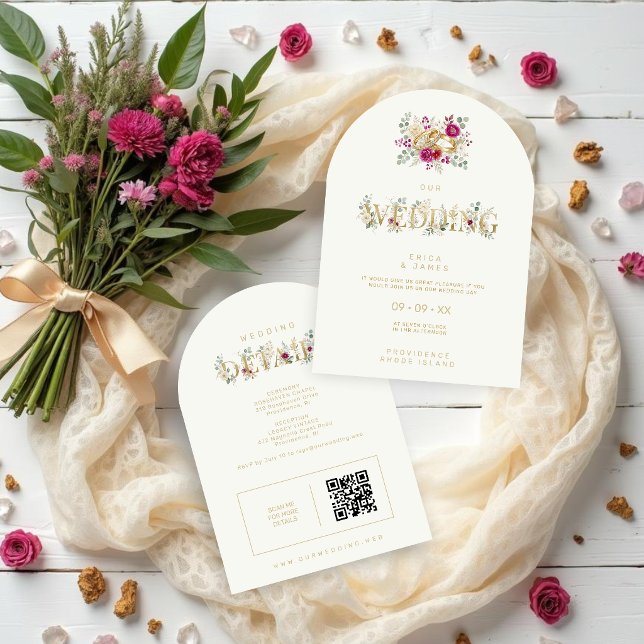 Convite Exquisite Gold Rings Floral Wedding TLW26 (Exquisite Gold Rings Wedding Invitation with Elegant Cream Floral Bouquet Watercolor Effect)