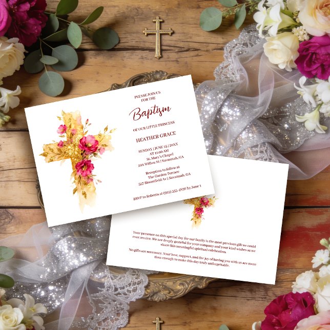 Convite Exquisite Golden Glitter Floral Cross Baptism (Exquisite Gold Glitter Effect Floral Cross Christian Baptism Invitation Card Design. )