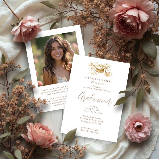 Convite Exquisite Graduate Cap in Beige Tones Graduation (Exquisite Graduate Cap in Beige Tones Graduation Invitation Card Design in Spanish with Back Photo. )