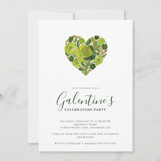 Convite Exquisite Green Floral Heart Galentine's Day (Frente)