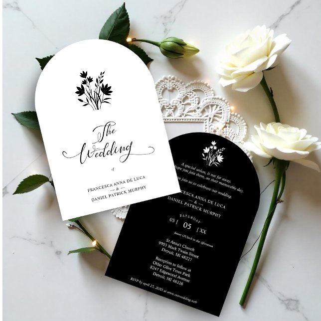 Convite Exquisite Minimalist Black and White Wildflowers  (Exquisite Minimalist Black and White Wildflowers Bunch Wedding Invitations Cards.)