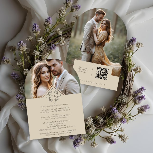 Convite Exquisite Minimalist Wedding Botanical Monogram (Exquisite Minimalist Wedding Design Botanical Monogram and Initials Invitations Cards with QR Code.)
