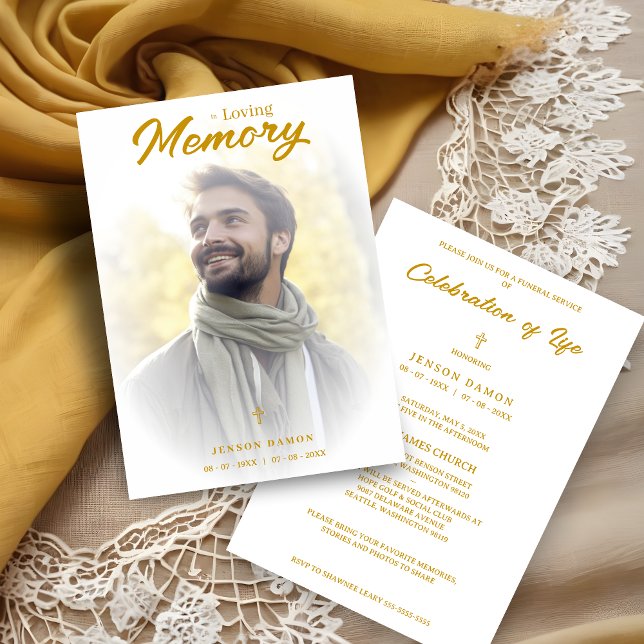 Convite Exquisite Minimalist White Gold Gradient Photo (Exquisite Minimalist White Fake Golden Effect Transparency Overlay Photo Funeral Invitation Card)