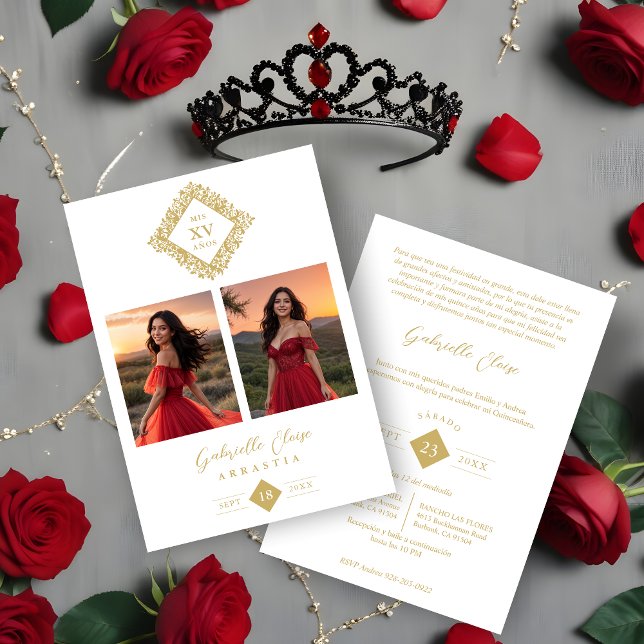 Convite Exquisite Modern Floral Diamond Shape Mis XV Años (Exquisite Modern Floral Diamond Shape Mis XV Años Anagram 2 Photos Collage Invitation.)
