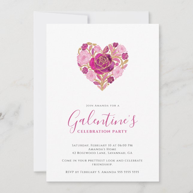 Convite Exquisite Pink Floral Heart Galentine's Day Party  (Frente)