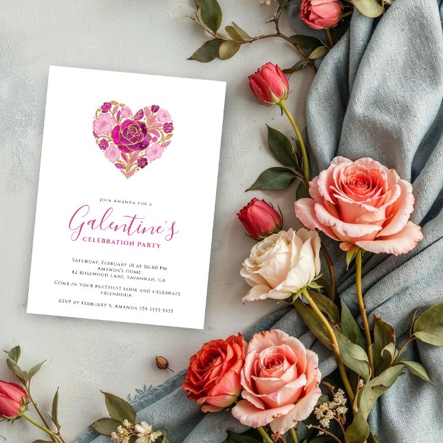 Convite Exquisite Pink Floral Heart Galentine's Day Party  (Exquisite Floral Heart Galentine's Day Party Invitation Cards for Your Best Friends in Pink Shades.)