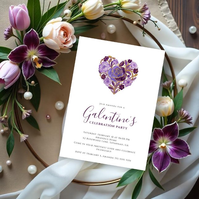 Convite Exquisite Purple Floral Heart Galentine's Day (Exquisite Floral Heart Galentine's Day Party Invitation Cards for Your Best Friends in Purple Shades)