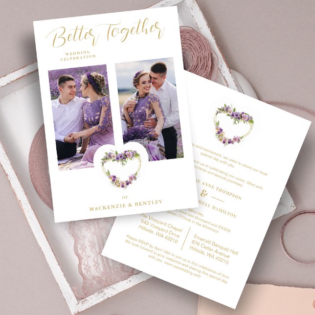 Convite Exquisite Romantic Purple Shades Floral Heart (Exquisite Romantic Purple Shades Floral Heart & Faux Gold 2 Photos Wedding Invitation with Envelope.)