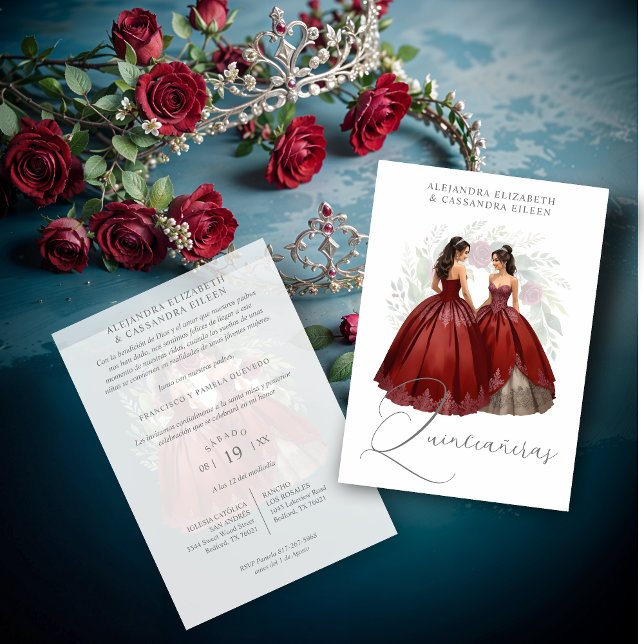 Convite Exquisite Romantic Spanish Quinceañera Dolls Twins (Exquisite Romantic Spanish Quinceañera Dolls Twins Burgundy Invitations Cards.)