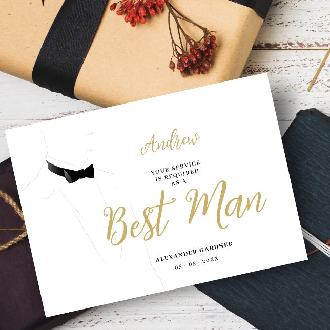 Convite Exquisite Sophisticated Gentleman Groosman Wedding (Exquisite Sophisticated Gentleman Best Man Wedding Proposal Card in Black and Faux Gold. )
