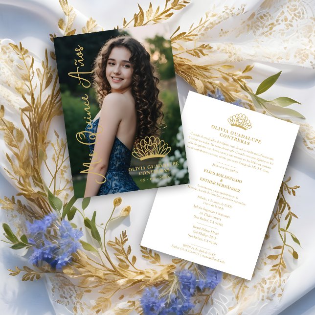 Convite Exquisite Spanish Princess Crown Quinceañera Photo (Exquisite Spanish Princess Crown Quinceañera Photo Fancy Calligraphy Script Faux Gold Invitation.)
