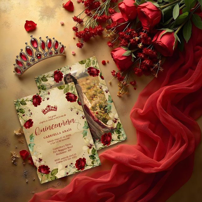 Convite Exquisite Spanish Quinces Vintage Romantic Photo (Exquisite Spanish Quinceañera Vintage Romantic Photo Red Roses Frame Invitation Card.)